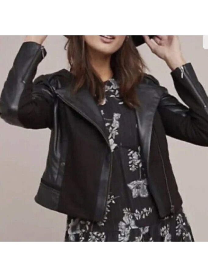 Anthropologie Elevenses Size 2 Black Panel Faux Leather Moto Jacket